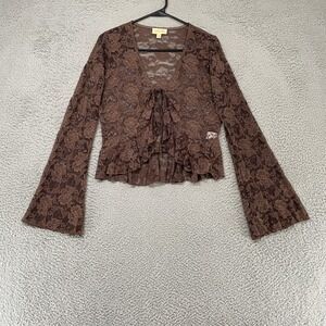 London Rose Lace Tie Top Womens Small Crop Floral Sheer Tie Front Bell‎ Sleeve